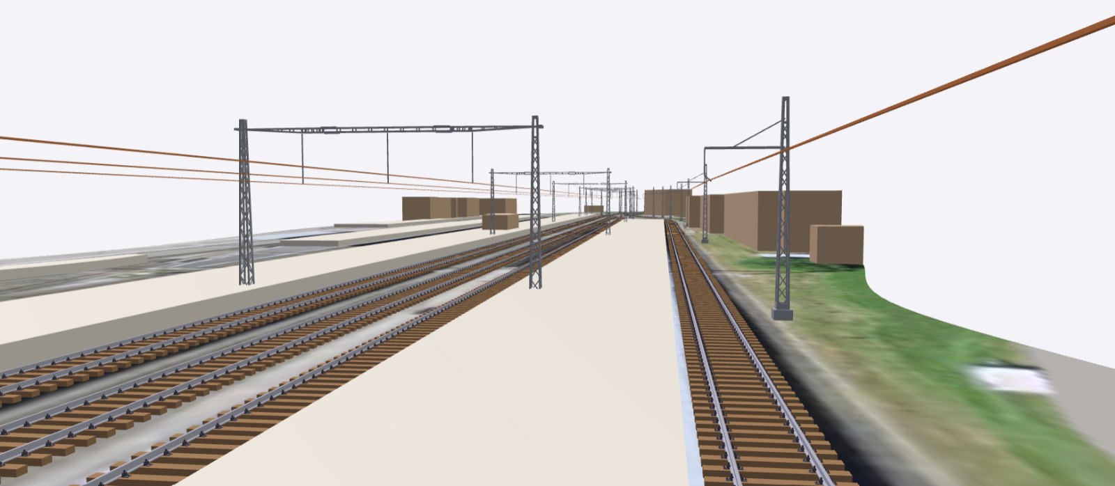 Eye-level 3D view along an Interlaken platform, with portals and masts carrying the contact wire.