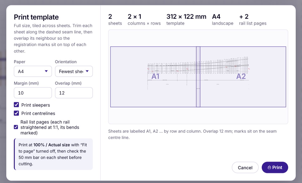 MiMrail's print dialog: a turnout template tiled over two A4 sheets.