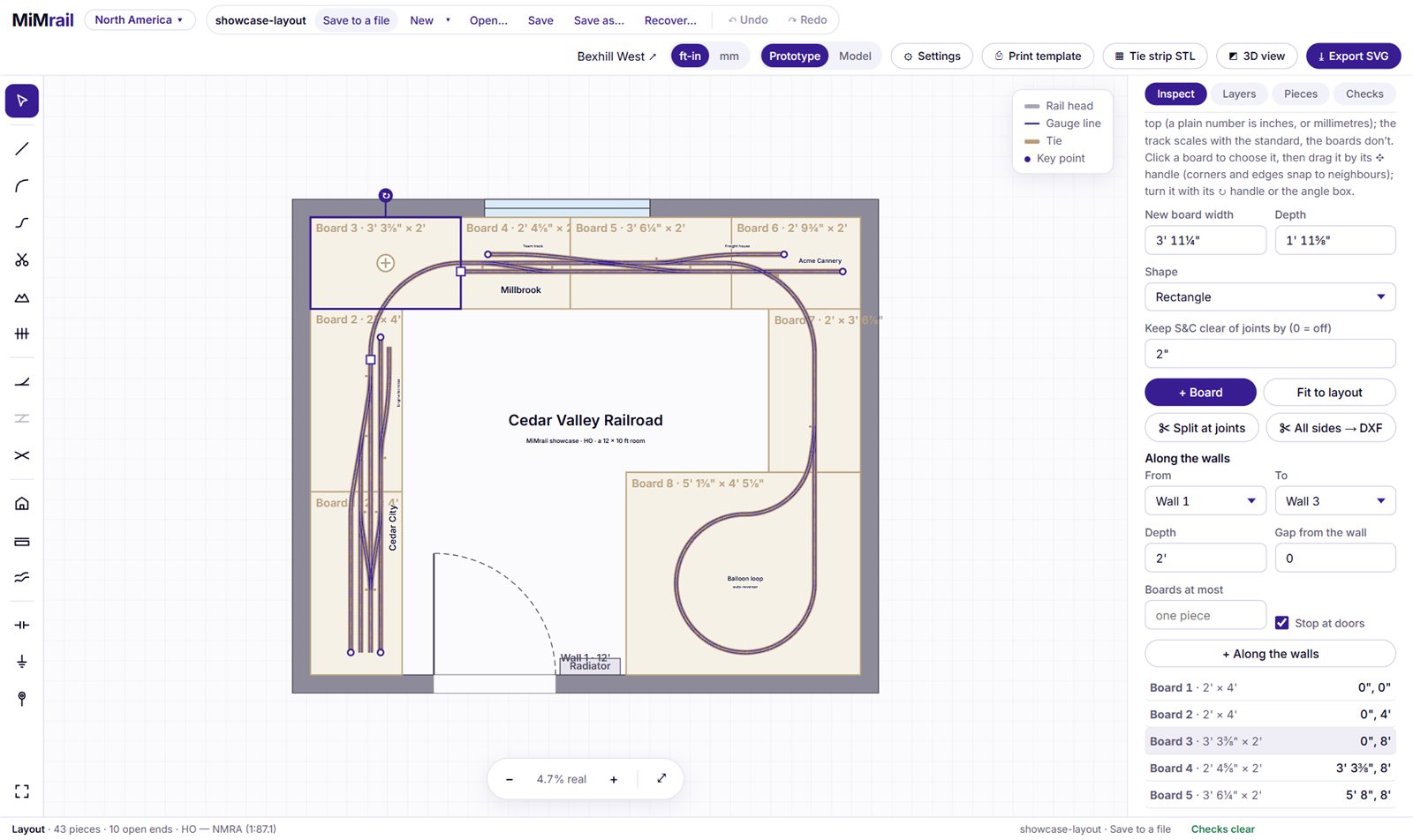 The showcase layout's room and baseboards