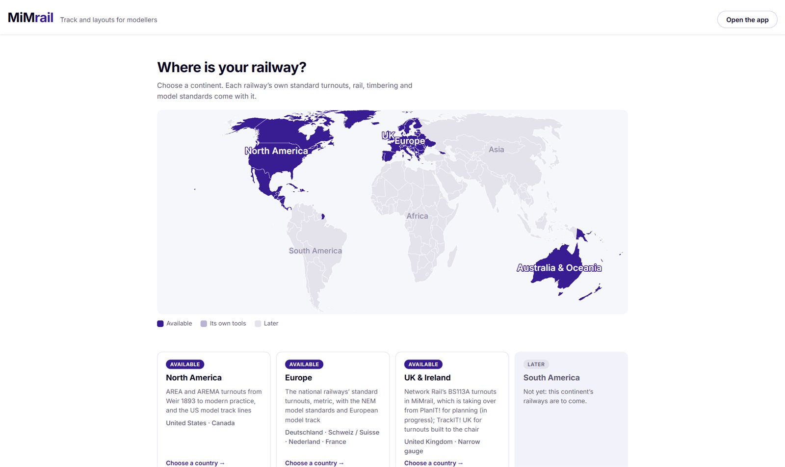 MiMrail's home page: a world map with the live continents in purple