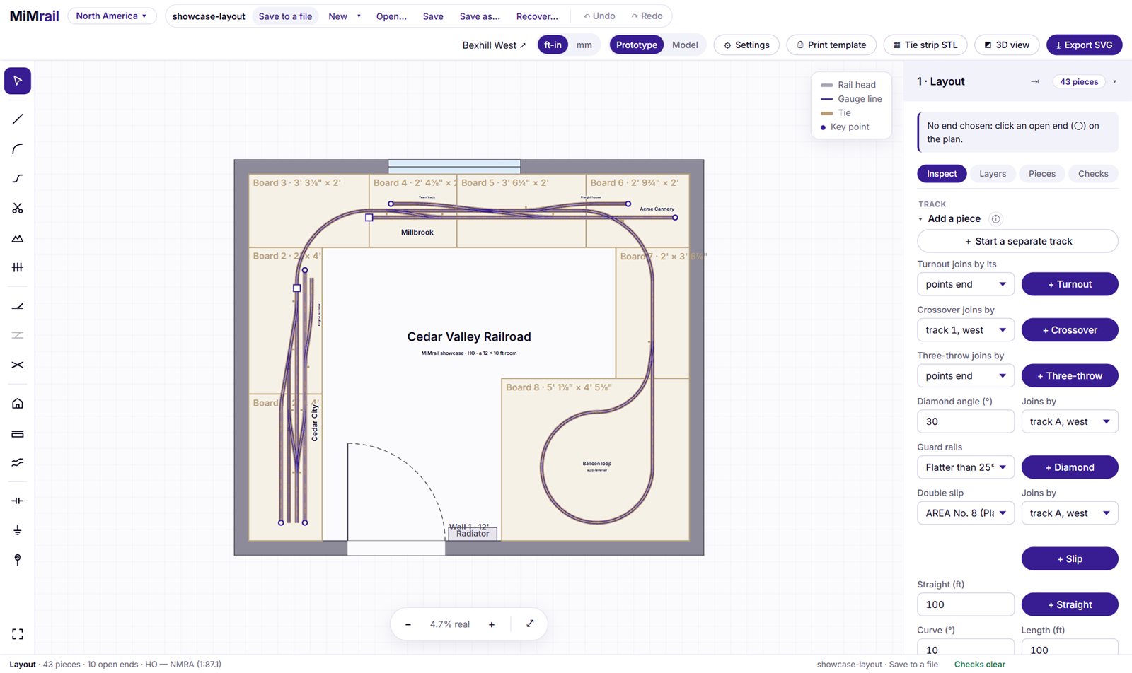 The whole MiMrail screen with a layout open