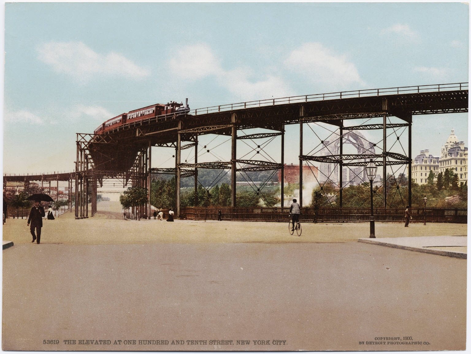 A steam-hauled elevated train rounds the tall iron towers of the 110th Street curve on the Ninth Avenue El, in a hand-tinted photograph of 1900.