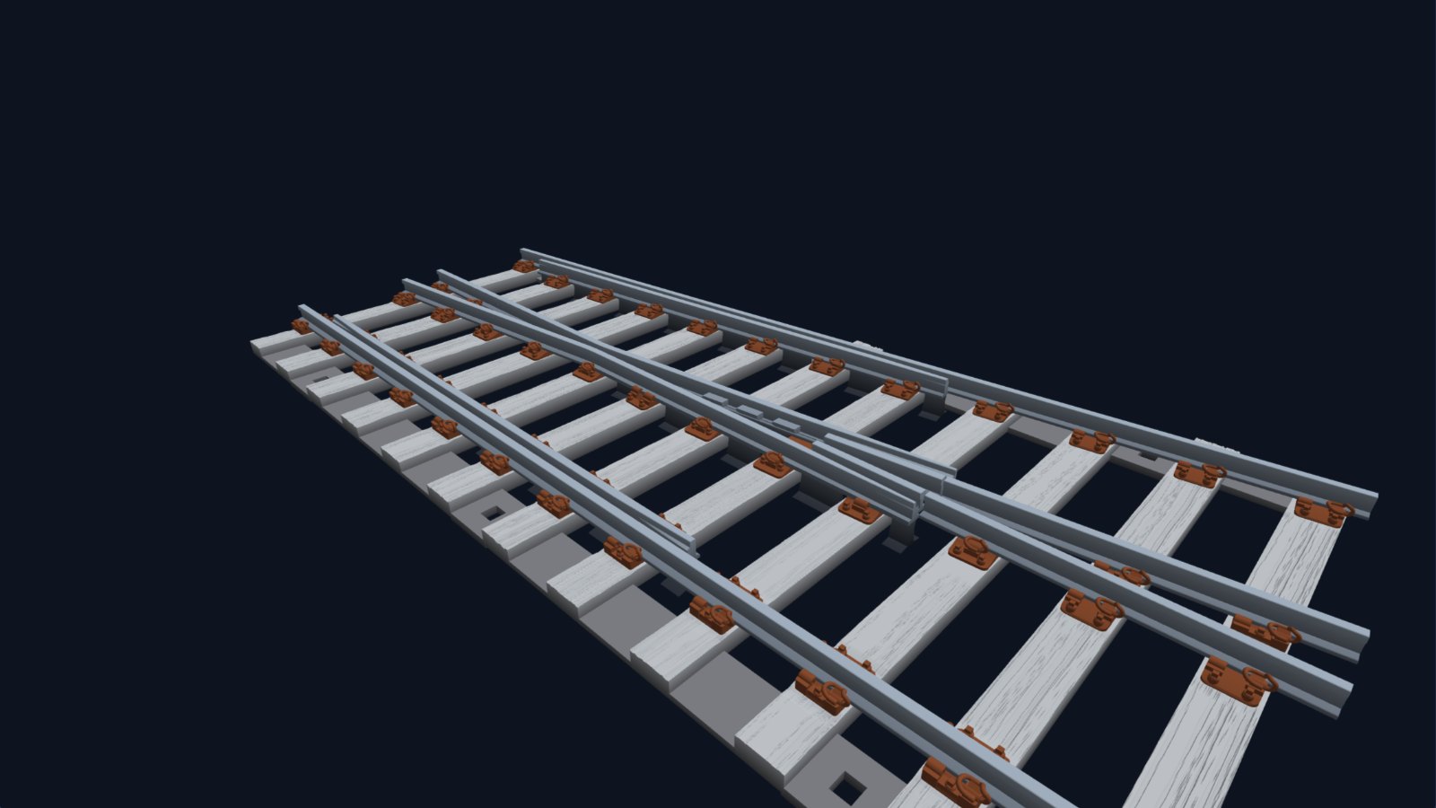 3D model from TrackIT! of the crossing end of a CV 1:9.25 flat-bottom turnout on timber bearers, showing the vee, wing rails, check rail and cast baseplates.