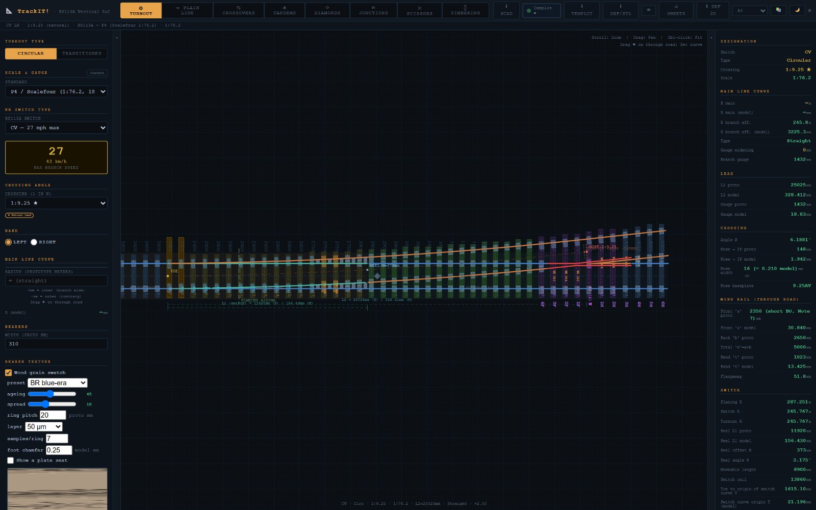Screenshot of the TrackIT! turnout design screen: a CV 1:9.25 turnout drawn in plan with its bearers and baseplates, the switch and crossing choices on the left and the full geometry on the right.