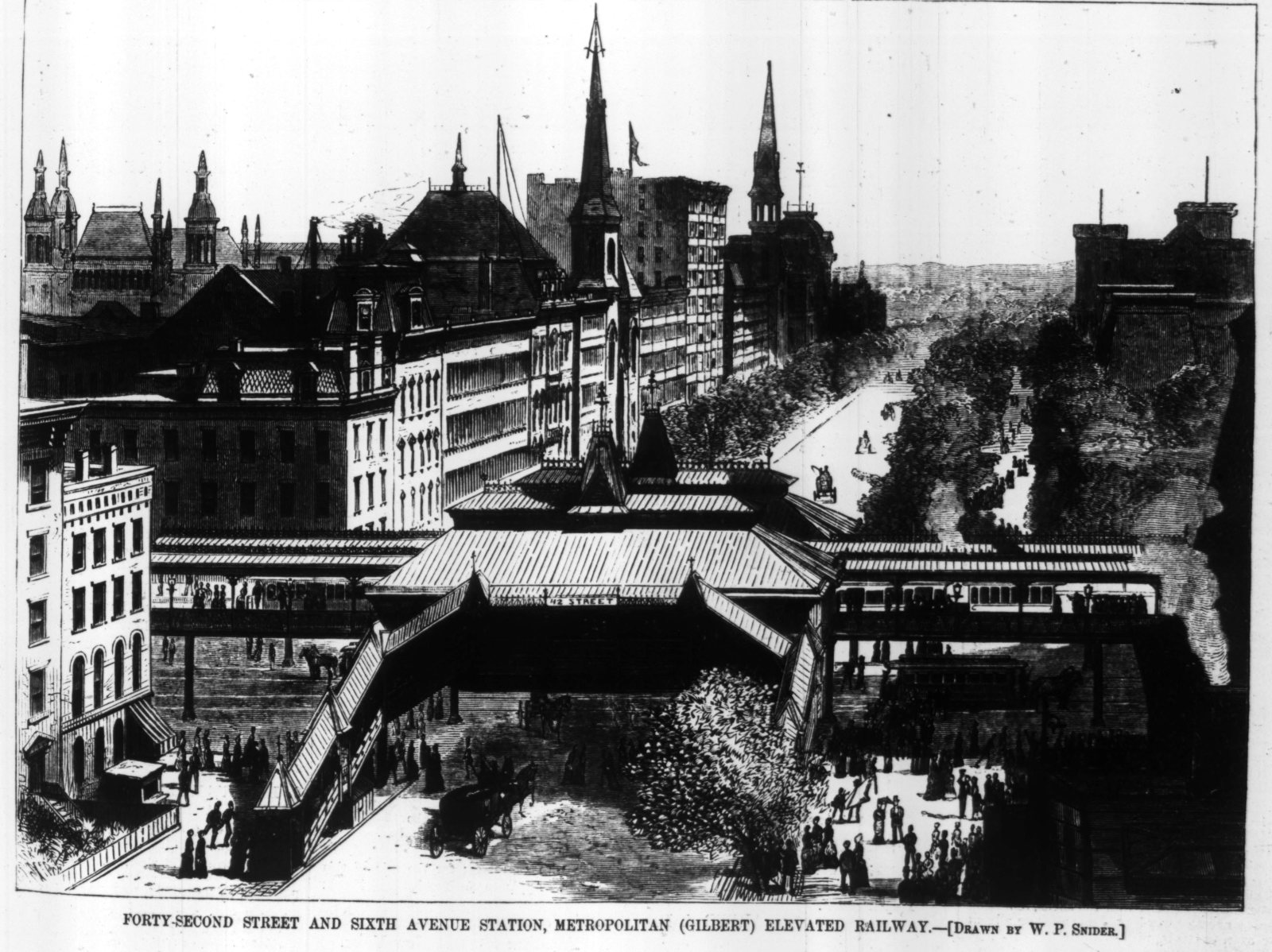 Engraving of the elevated station at 42nd Street and Sixth Avenue in 1878: a gabled station house straddling the avenue, covered stairs down to the street, and trains on the structure either side.