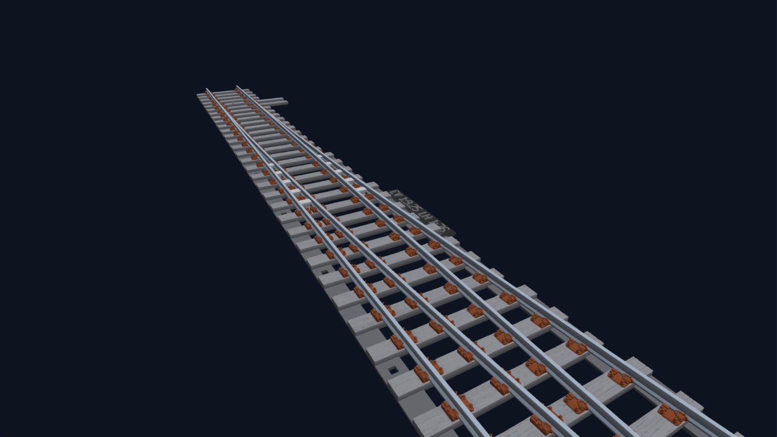 3D model of a complete CV 1:9.25 turnout on timber bearers, seen from the crossing end looking back towards the switch.