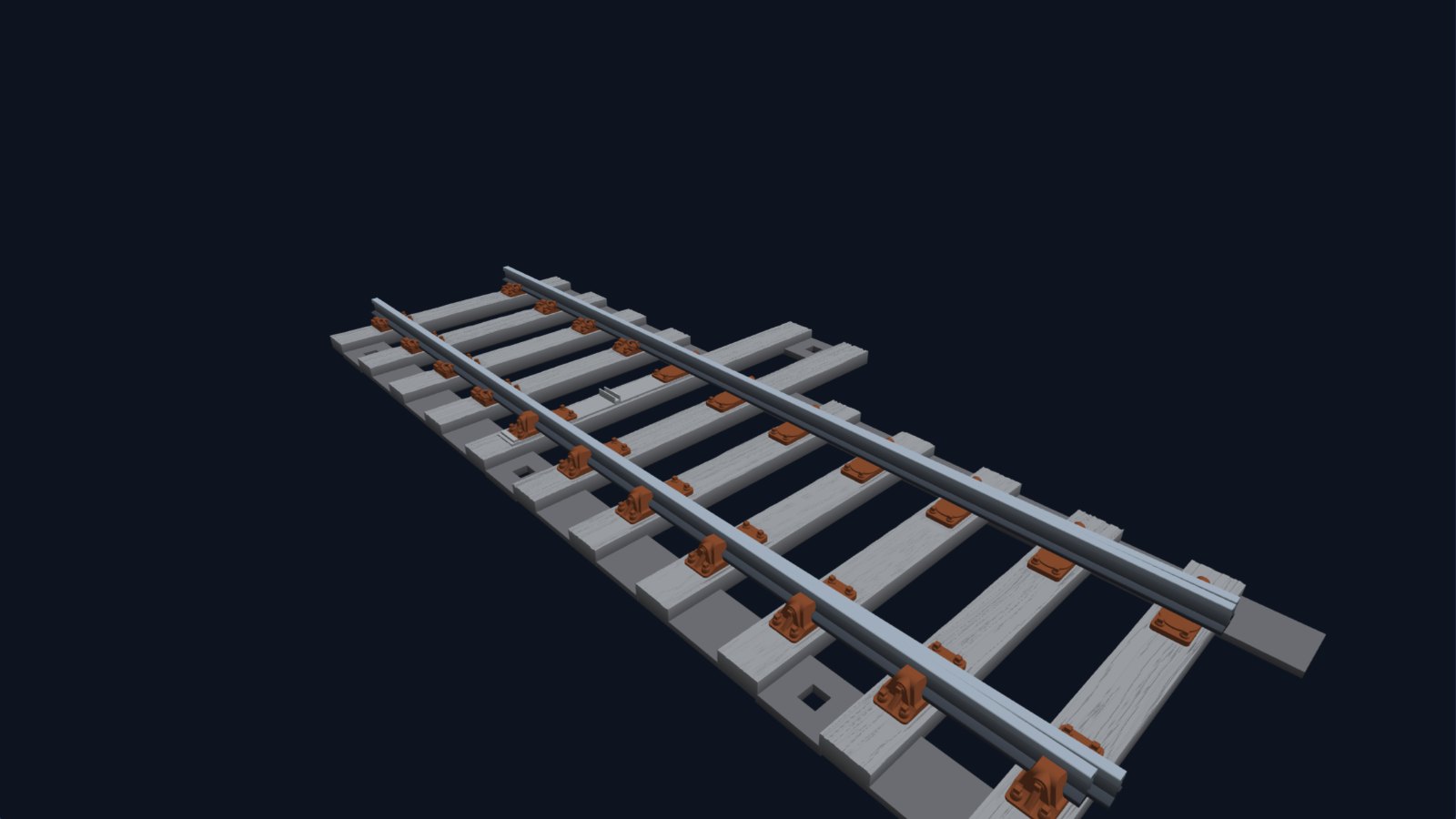3D model of the switch toe of a flat-bottom turnout, with the extended motor bearers projecting to one side.