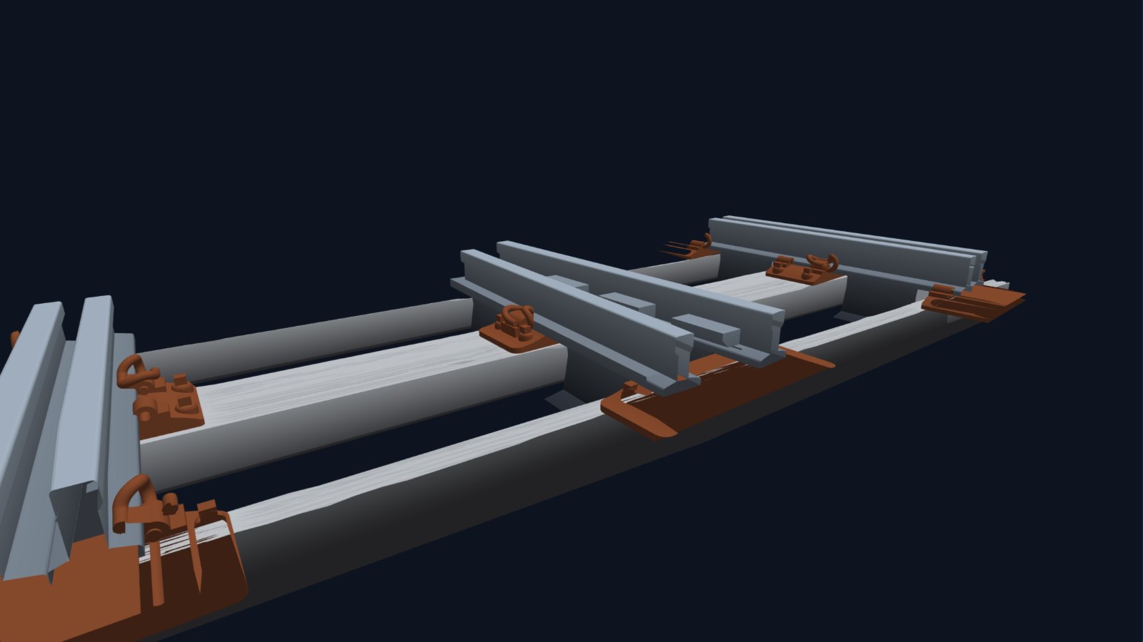 Close-up 3D view of timber bearers with wood grain cut into their tops, cast baseplates and rail clips.