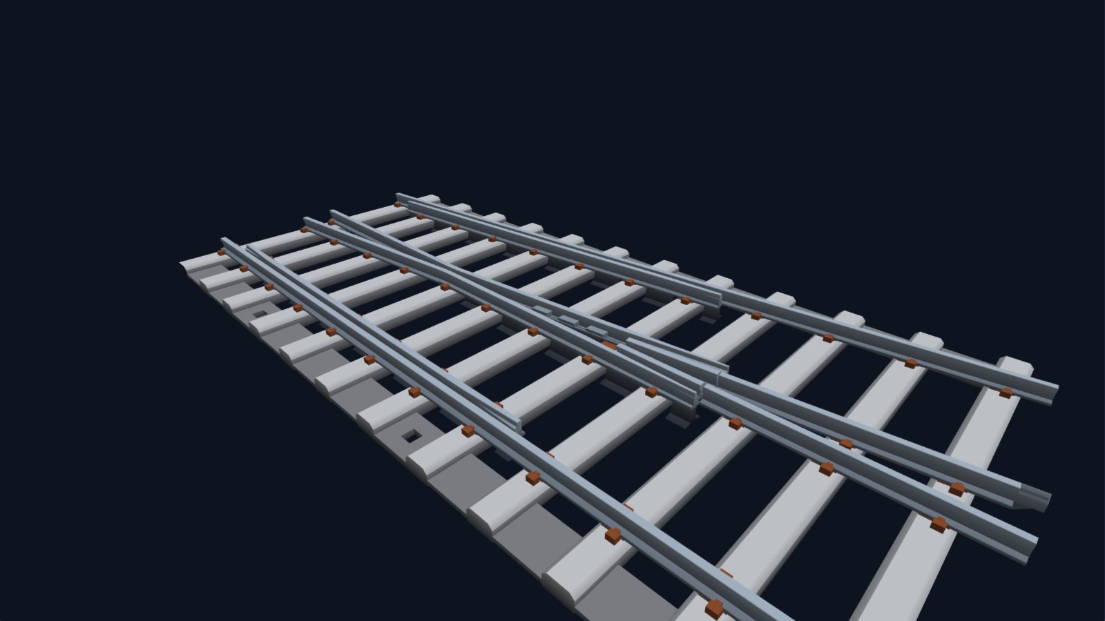 3D model of the crossing end of a turnout on concrete bearers.