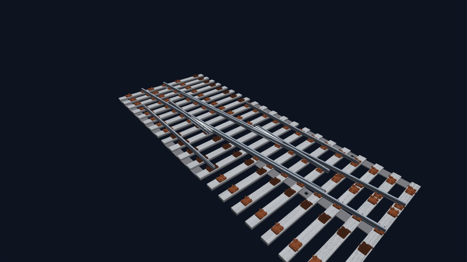 3D model of the middle of a flat-bottom crossover, with long timbers carrying both tracks.