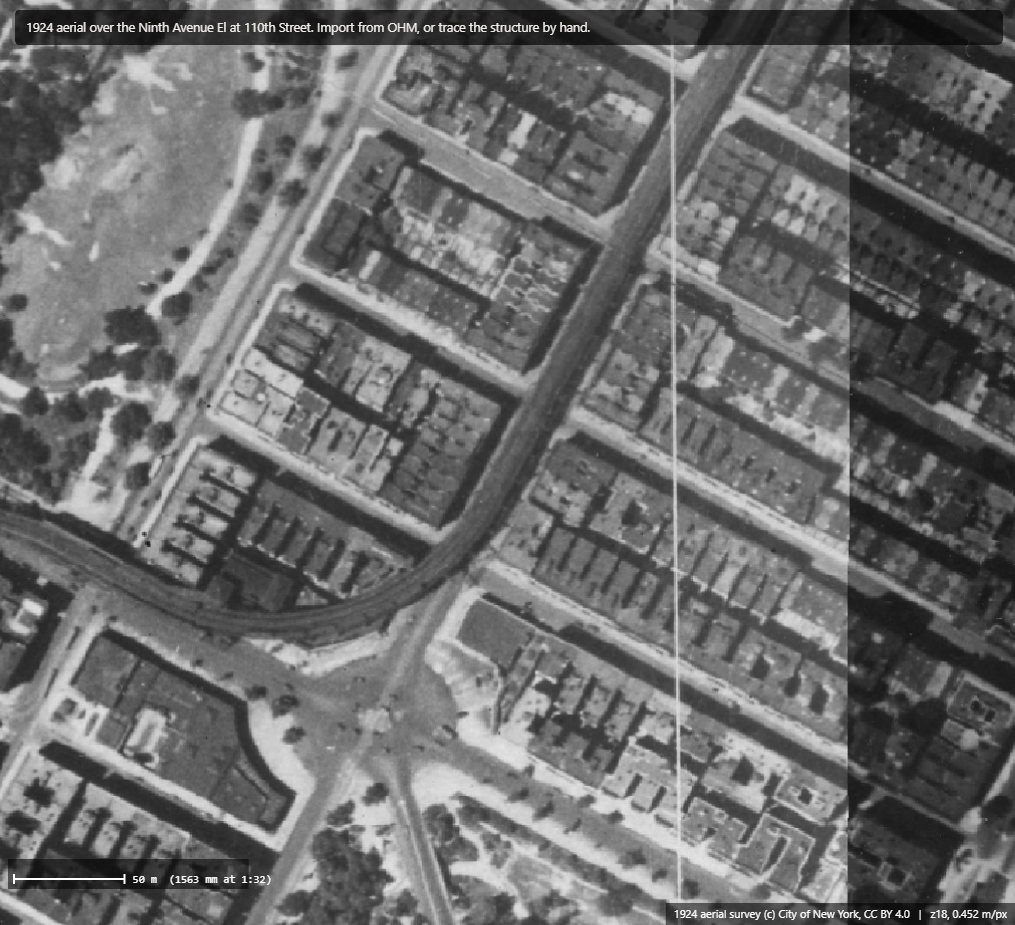 Screenshot of ElevateIT! Plan mode showing the 1924 aerial photograph of the 110th Street curve, with the elevated structure visible sweeping round the corner.