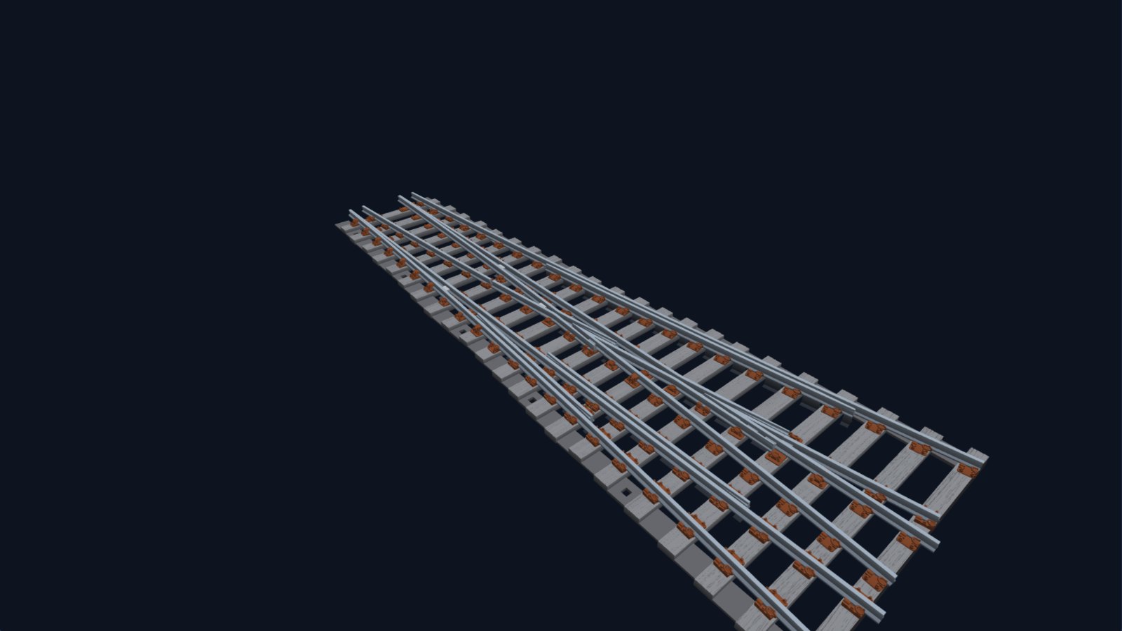 3D model of a flat-bottom tandem turnout, with three roads diverging.