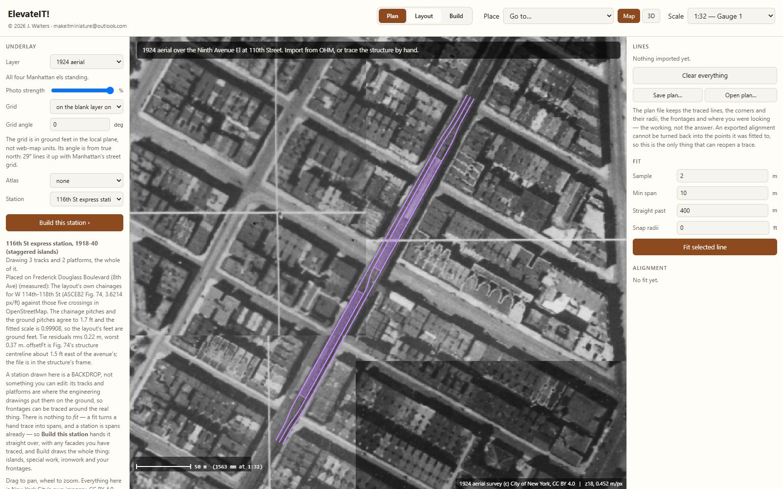 Screenshot of ElevateIT! Plan mode with the 116th Street station's three tracks and two staggered island platforms drawn in purple over the 1924 aerial photograph of Eighth Avenue.