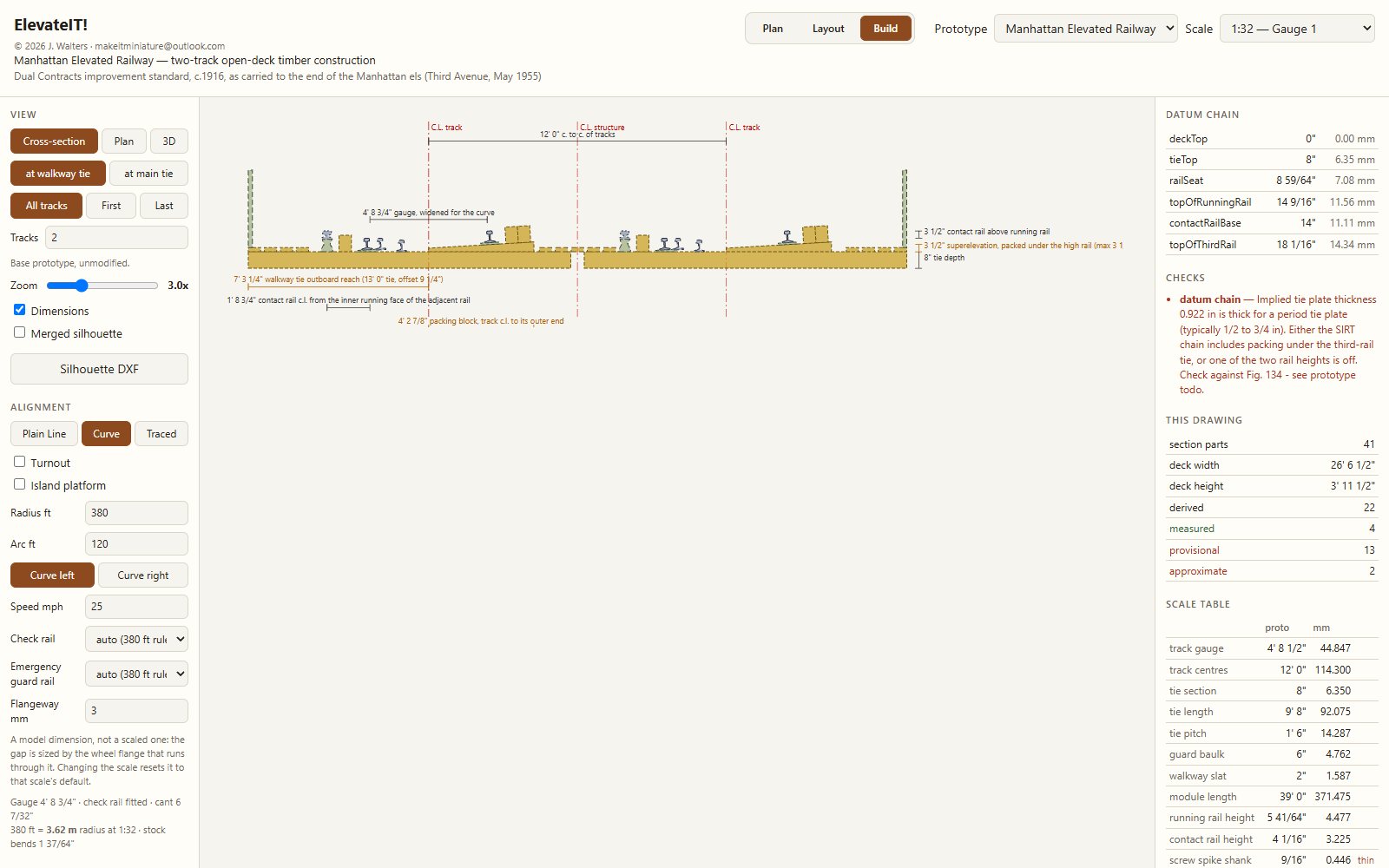 Screenshot of ElevateIT! Build mode showing a dimensioned cross-section of the two-track deck on a curve, with superelevation packing under the high rail, walkways, handrails and third rails.