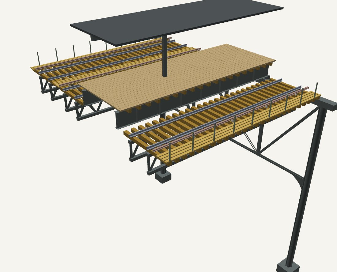 3D render from ElevateIT! of an island platform at 116th Street, planked on steel girders between two tracks, with a canopy and a tall steel bent below.