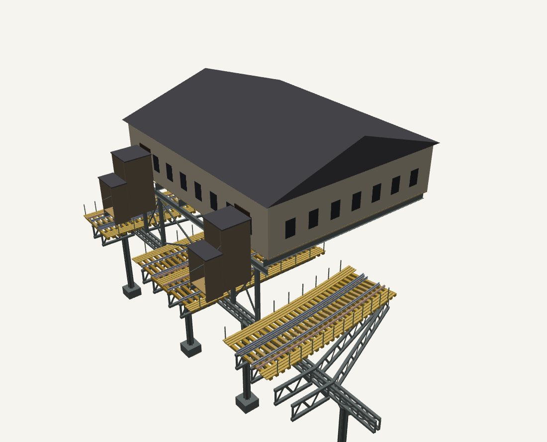 3D render from ElevateIT! of the 155th Street south station house, a gabled building standing on posts over the tracks, with covered stairs rising from the platforms.