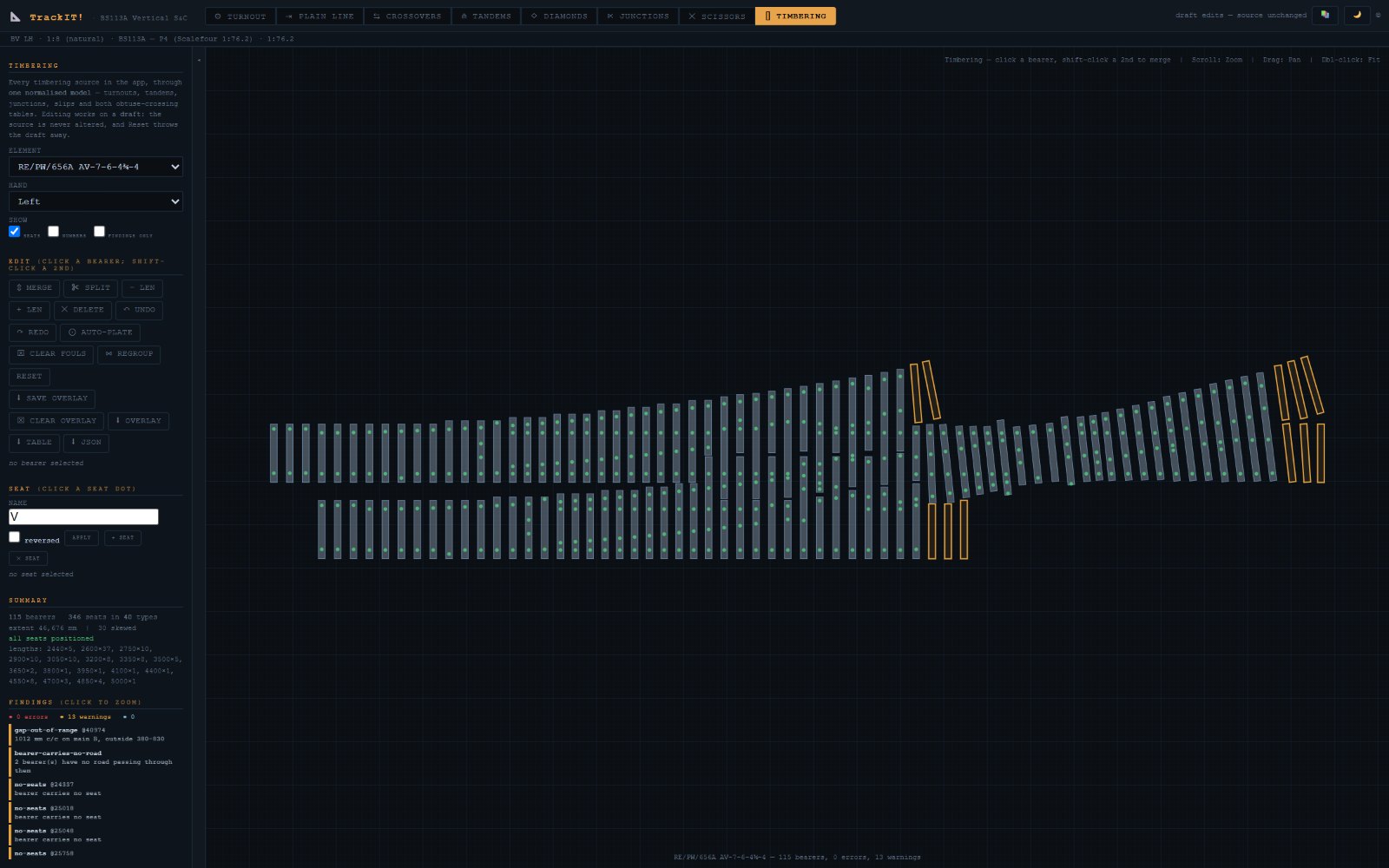 Screenshot of the TrackIT! Timbering editor with a turnout's bearers laid out in plan and the editing tools on the left.