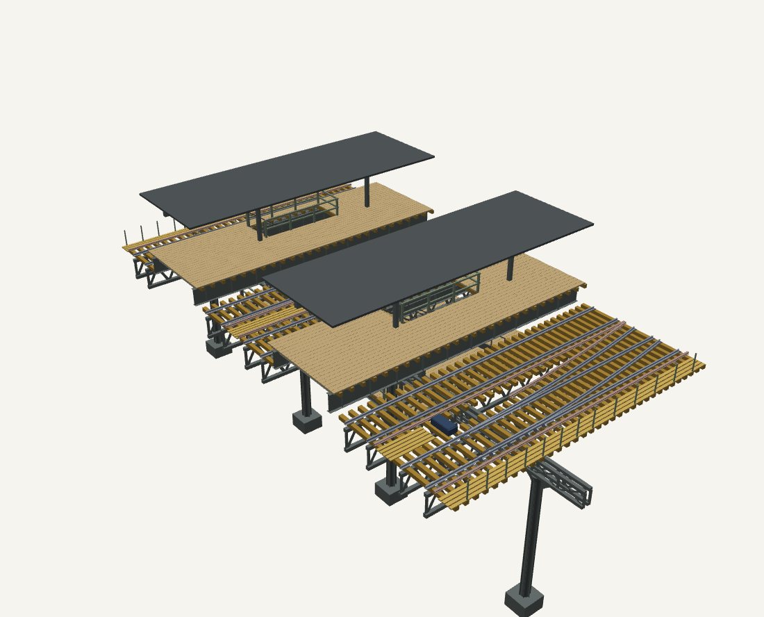 3D render from ElevateIT! of a module at 155th Street: two island platforms with canopies, and turnouts on the timber deck beyond.