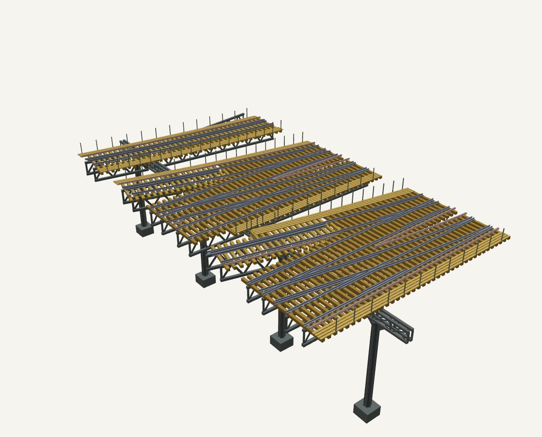 3D render from ElevateIT! of the 155th Street south throat: several parallel timber decks with crossovers and diamond crossings, carried on steel girders and columns.