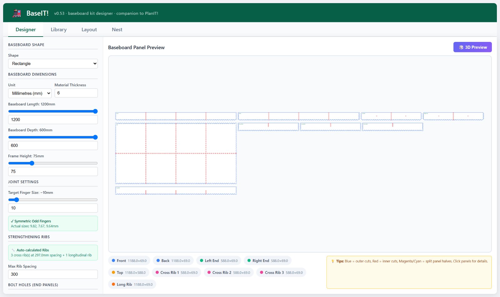 The BaseIT! Designer tab, with the board settings on the left and every panel of a 1200 by 600 millimetre board drawn out flat, with finger joints along the edges.