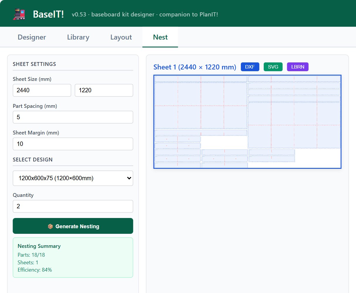 The BaseIT! Nest tab: all eighteen parts for two 1200 by 600 millimetre boards nested on one 2440 by 1220 millimetre sheet, with 84 percent of the sheet used, and DXF, SVG and LightBurn export buttons.