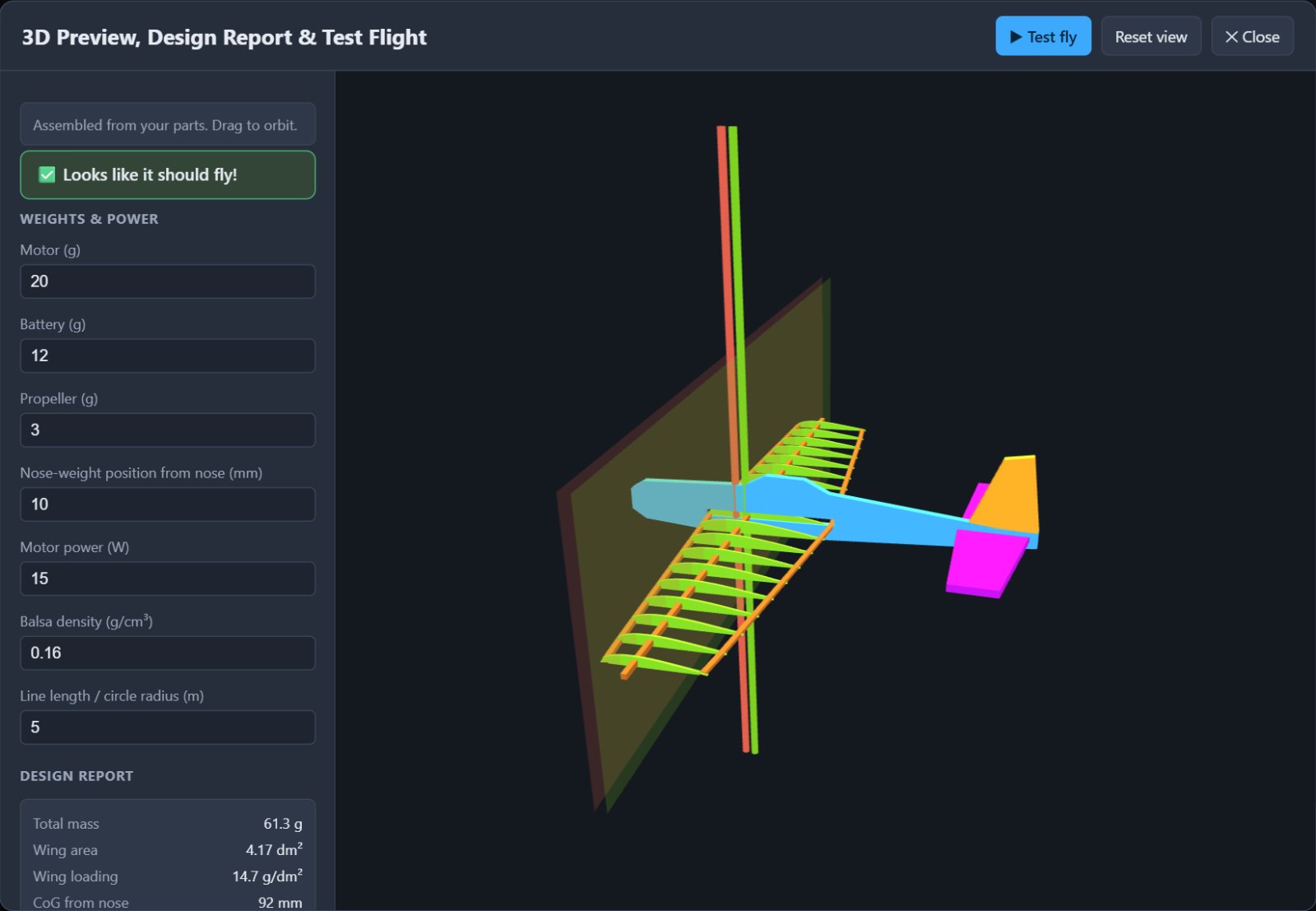The 3D preview of the same model with a built-up wing of curved ribs on a spar, and the design report showing a total mass of 61.3 grams.