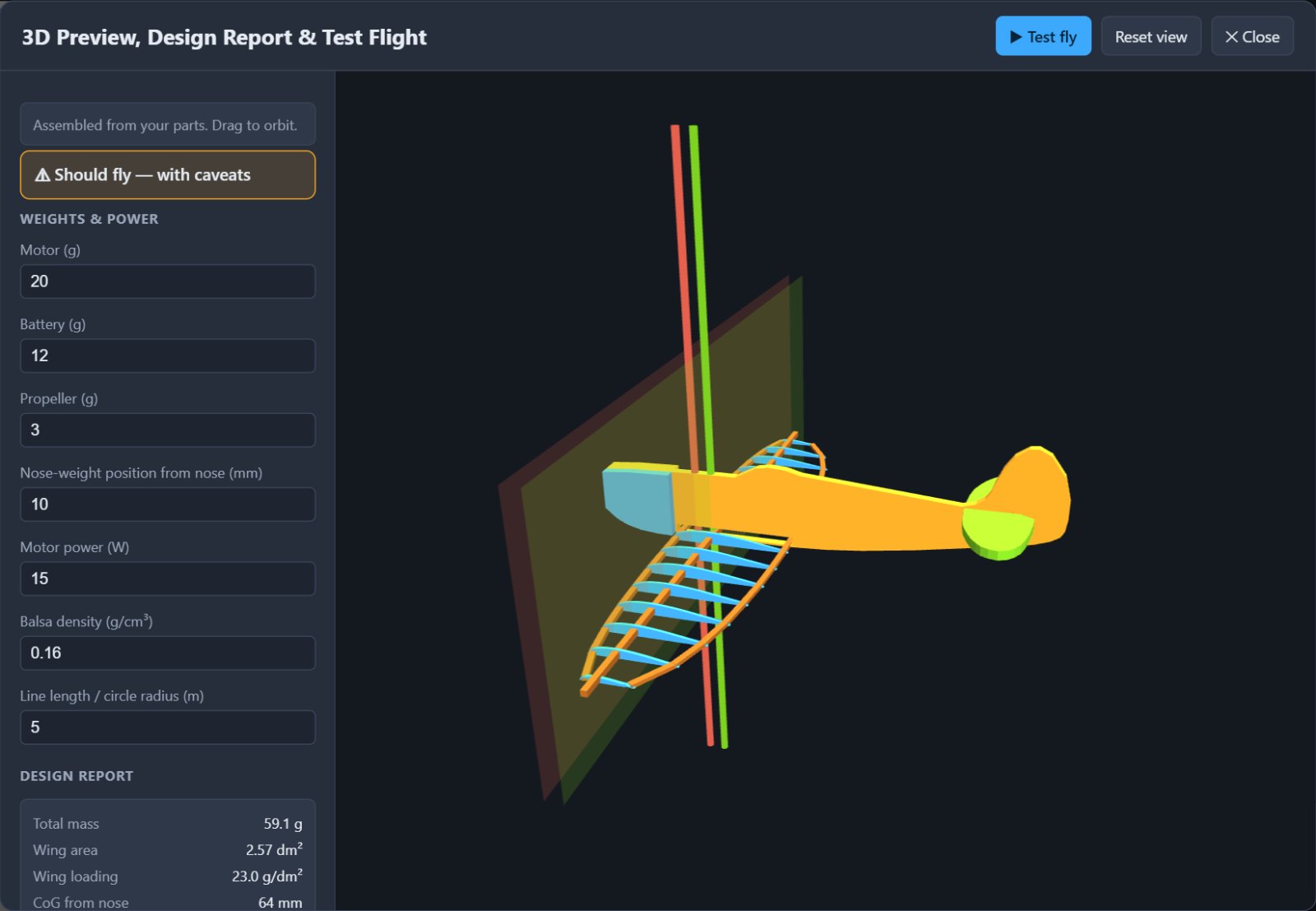 A Spitfire traced from a plan and assembled in the Round the Pole Designer's 3D preview, with its fuselage, tailplane and a built-up wing of ribs and spars, beside the weights panel and a design report reading: should fly, with caveats.