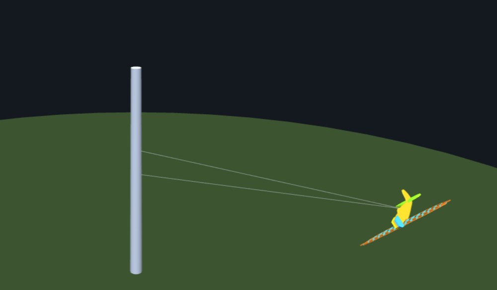 The test-flight view: the Spitfire, with its built-up rib wing, banked on its lines as it circles the pole over a green floor.