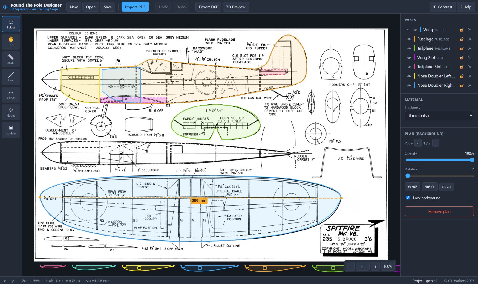A Spitfire Mk Vb plan in the Round the Pole Designer, with the fuselage, wing, tailplane, slots and nose doublers traced over it in colour, the 380 millimetre scale reference across the wing, and the wing ribs laid out below the plan.