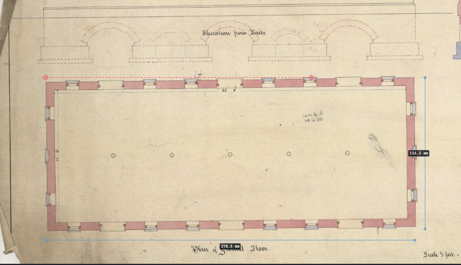 Close-up of the corn warehouse ground-floor plan in ScaleIT!, with dimension lines reading 278.5 millimetres along the length and 114.2 millimetres across the depth.