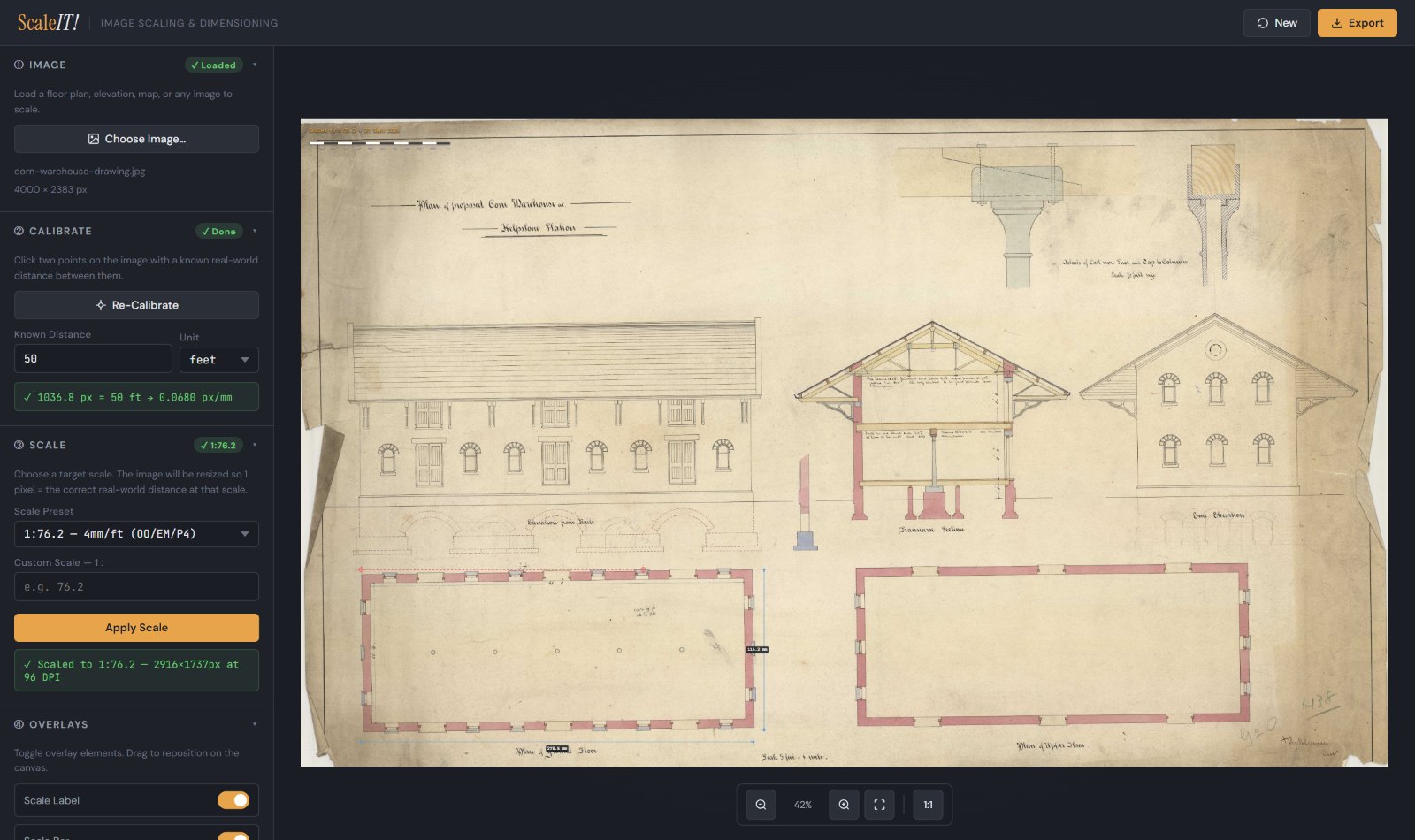 ScaleIT! with a hand-coloured Victorian railway drawing of a proposed corn warehouse loaded, calibrated from a 50 foot measurement and scaled to 1:76.2, with the steps down the left-hand side.