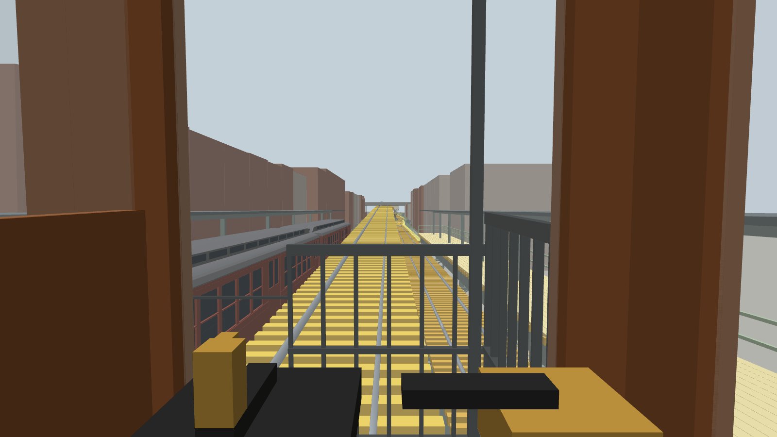 From the cab, the express track climbing towards the 152nd Street flyover, with a local train on the track alongside