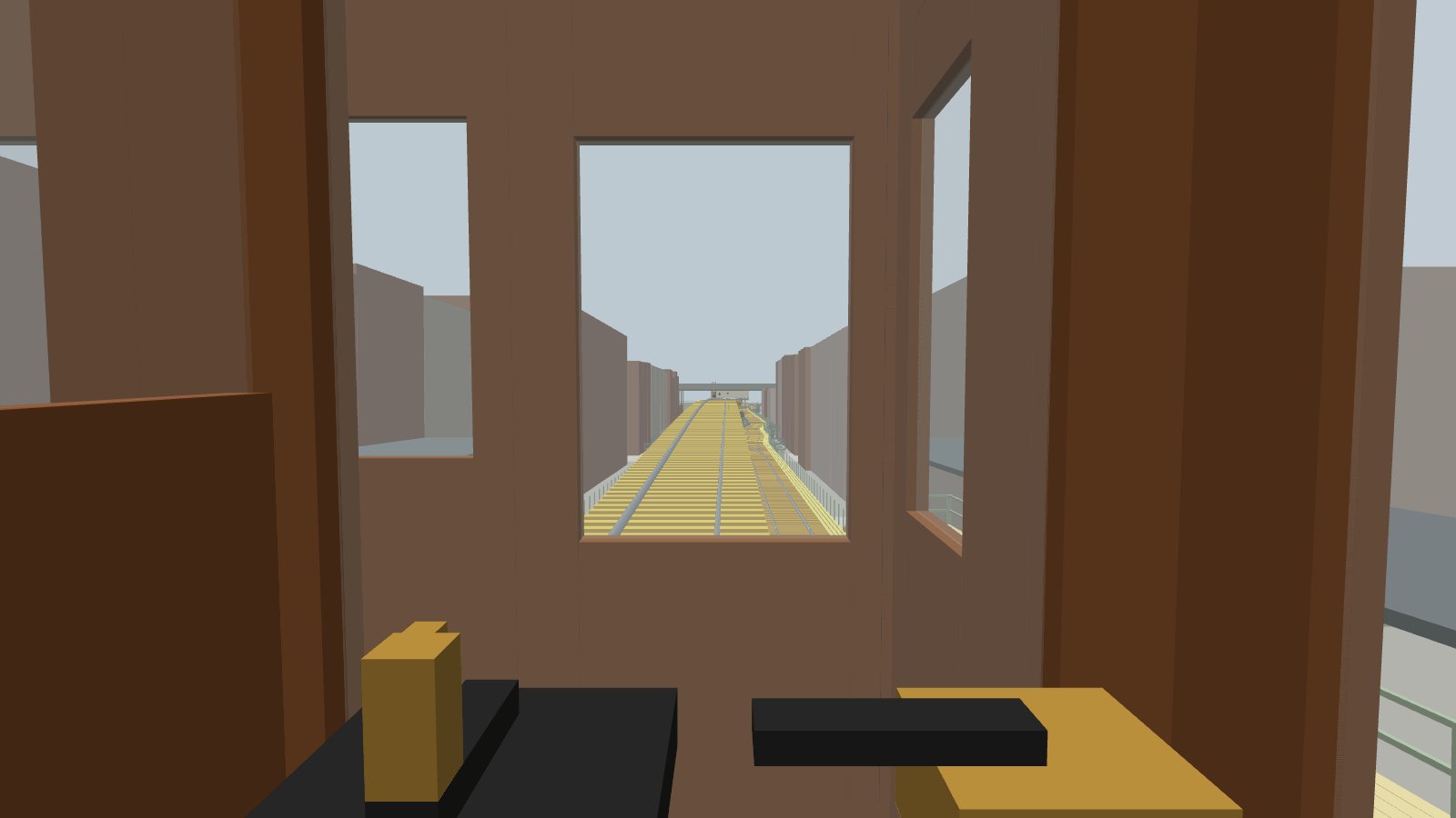 The view forward through the front windows of an MUDC car's cab on the 152nd Street flyover