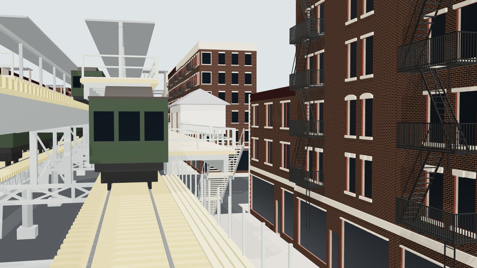 3D model of Eighth Avenue in 1940 seen from the el: green el cars in 145th Street station beside red-brick tenements with black fire escapes.