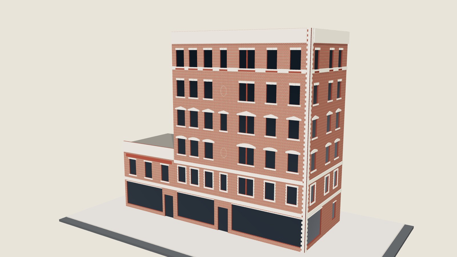 3D model of 2692 Eighth Avenue, Harlem, as a laser-cut 1:76.2 kit: a six-storey corner building in red brick with buff stone quoins, pediments and cornice, beside its two-storey neighbour.