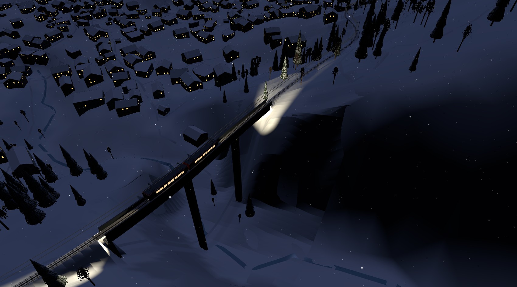 A winter night above Zermatt with snow falling: the Gornergrat railcars cross the Findelbach viaduct with their windows lit and their headlight on the snow, the lights of the village and dark conifers below
